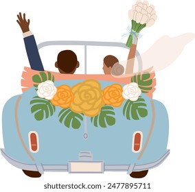 Just married bride and groom in car wedding invitation. Vector doodle illustration.