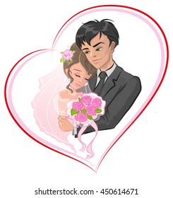 Just married bride and groom. Newlyweds in frame in shape of heart. Vector cartoon illustration