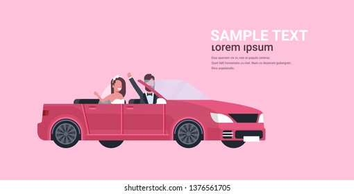 just married bridegroom and bride on road trip driving convertible car romantic couple man woman in love wedding day concept pink background copy space full length horizontal flat