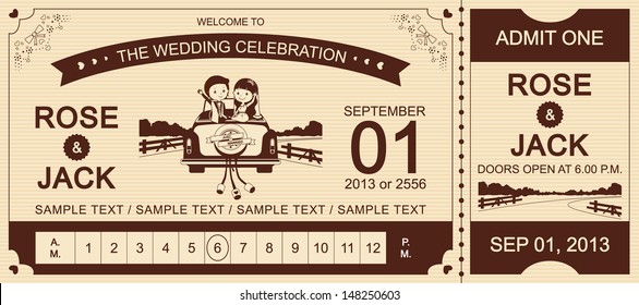 Just Married : Brown Wedding Car Ticket Invitation Card vector Illustrator