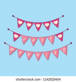 just married buntings garlands, vector illustration