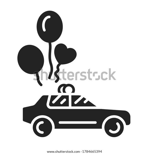 Just married car black glyph icon. Auto with\
balloons. Isolated vector element. Outline pictogram for web page,\
mobile app, promo.