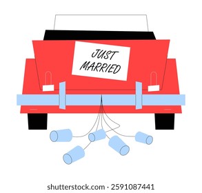 Just Married Car With Cans In Flat Vector Illustration Symbolizing Wedding, Newlywed Celebration, And Love, Isolated On White Background