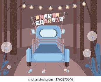 Just married car flat color vector illustration. Honeymoon trip tradition. Wedding ceremony. Truck for newlyweds first journey. 2D cartoon landscape with vehicle and forest on background