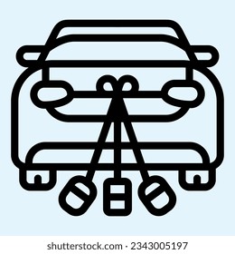 Just married car line icon. Romantic vehicle and decoration with jars and cans. Wedding asset vector design concept, outline style pictogram on white use for and app. Eps 10.