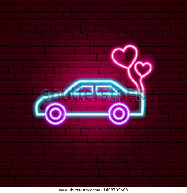 Just Married Car Neon Sign. Vector\
Illustration of Transport\
Promotion.