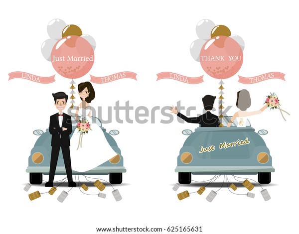 Just Married\
Car. A newlywed couple is driving a convertible retro car  for\
their honeymoon,Vector/Illustration\
