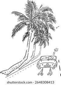 Just Married Car on Palm-Lined Road Sketch for Travel Use