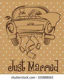 just married car over brown background, grunge. vector illustration