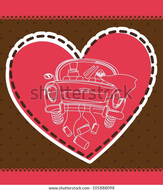 just\
married car over heart, card. vector\
illustration