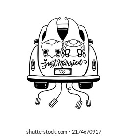 Just married car with two gnomes. Outline illustration for wedding.