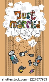 Just married card with cans