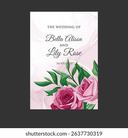 JUST MARRIED card, wedding invitation card, on a white background pink flowers close up.