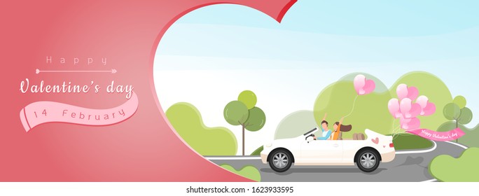 Just married cartoon couple in a car with pink ballons for valentine's day background banner