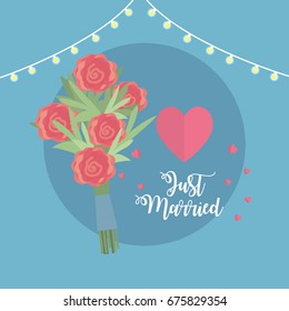 just married celebration with a bouquet and hearts