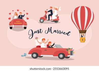 Just Married Celebration with Retro Car, Scooter, and Hot Air Balloon 2d flat vector illustrations