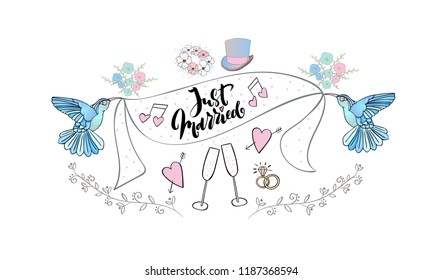 Just Married collection. Vector wedding illustration with handwritten lettering. Beautiful birds, flowers, wedding ring and more.