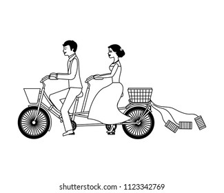 just married couple in bicycle tandem
