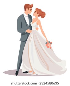 Just married couple, married couple with a bouquet of flowers vector illustration