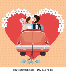 just married couple with car avatars characters