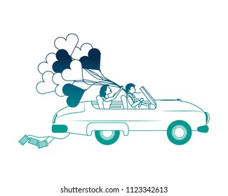 just married couple in car and balloon helium with shape heart