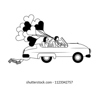just married couple in car and balloon helium with shape heart