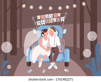 Just married couple in car flat color vector illustration. Young happy family first adventure. Wife and husband honeymoon trip. 2D cartoon characters with vehicle and forest on background