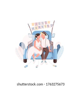 Just married couple in car flat color vector faceless characters. Wife and husband honeymoon trip. Just married pair kissing in truck isolated cartoon illustration for web graphic design and animation