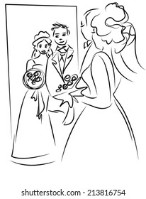just married couple cartoon vector, looking the mirror