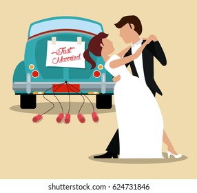 just married couple dancing and car