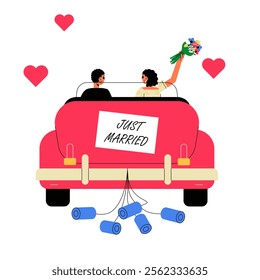 Just Married Couple Driving Away In Car In Flat Vector Illustration Symbolizing Wedding, Romance, And Celebration, Isolated On White Background