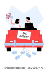 Just Married Couple Driving Away In Wedding Car In Flat Vector Illustration Symbolizing Marriage, Celebration, And Newlyweds Journey, Isolated On White Background