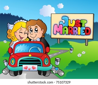 Just married couple driving car - vector illustration.