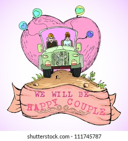  just married couple driving open cup car with love icon behind them in hand draw style