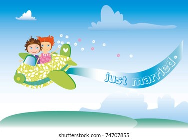 JUST MARRIED COUPLE FLIES BY THE PLANE TO THE HONEYMOON. vector