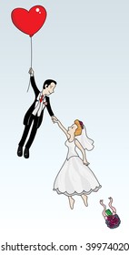 Just married couple flying with a heart shaped balloon. Highly detailed vector image.