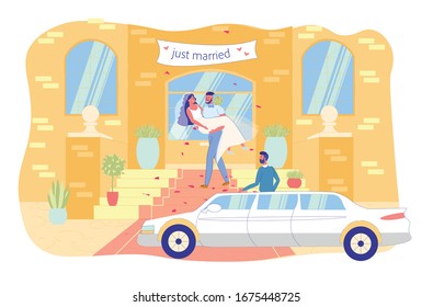 Just Married Couple. Happy Groom Carrying Bride Out Down Stairs. Registry Office Wedding. Civil Ceremony. Bearded Driver Waiting for Newlyweds by White Luxurious Limousine, Opening Door for Them.