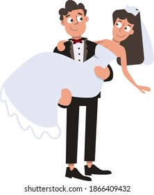 Just married couple holding the bride vector illustration isolated on transparent background 
