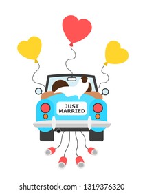 Just married - couple of husband and wife is riding and driving decorated car after wedding. Vector illustration