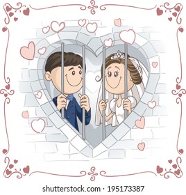 Just Married Couple in Jail Vector Cartoon - Vector cartoon of a newlywed couple sharing a prison cell, lovingly. File type: vector EPS AI8 compatible.  