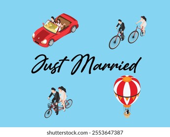 Just Married Couple on Car, Bicycle, and Hot Air 3d isometric vector illustration