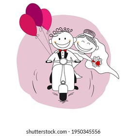 Just married couple on a scooter leaving for honeymoon - vector illustration