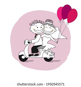 Just married couple on a scooter leaving for honeymoon - vector illustration