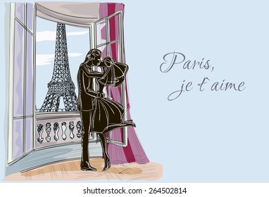 Just married couple in Paris apartment with the Eiffel tower view