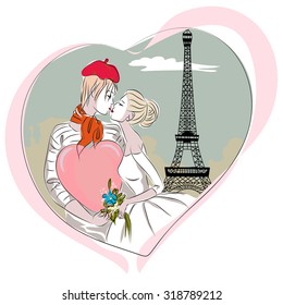 Just married couple in Paris near the Eiffel tower. Wedding day invitation. 