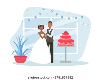Just Married Couple Posing with Holiday Cake, Happy Romantic Newleads at Wedding Day Flat Vector Illustration