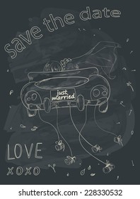 Just married couple in retro car dragging cans. Wedding card design. Hand drawn vintage set on chalkboard background. Vector illustration.