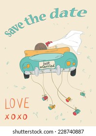 Just married couple in retro car dragging cans. Wedding card design. Hand drawn vintage save the date card. Vector illustration.