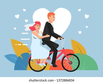 Just married couple riding bicycle. Couple in love. Poster for social media, web page, banner, presentation. Flat design vector illustration