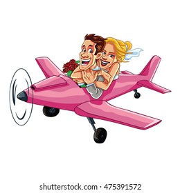 Just Married Couple Riding A Pink Plane on a Honeymoon Trip Cartoon Vector Illustration